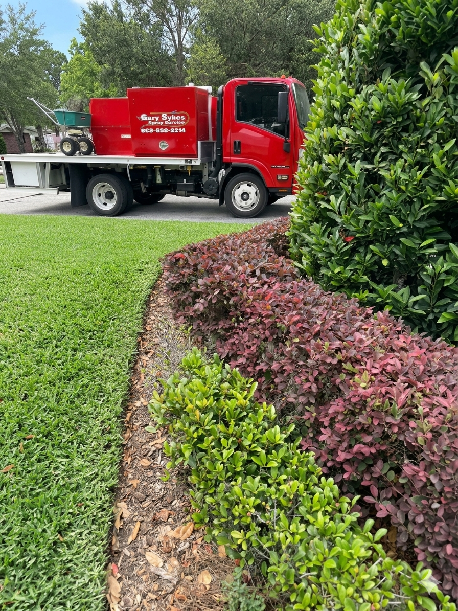 Spray service truck and hedge